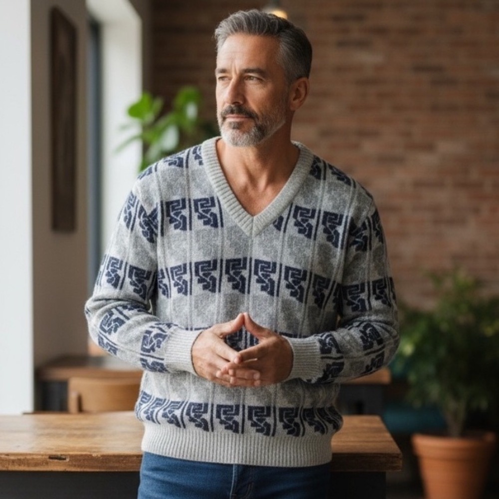 Men's Gray Geometric Pattern Knit V-Neck Sweater Pullover Casual Size Large